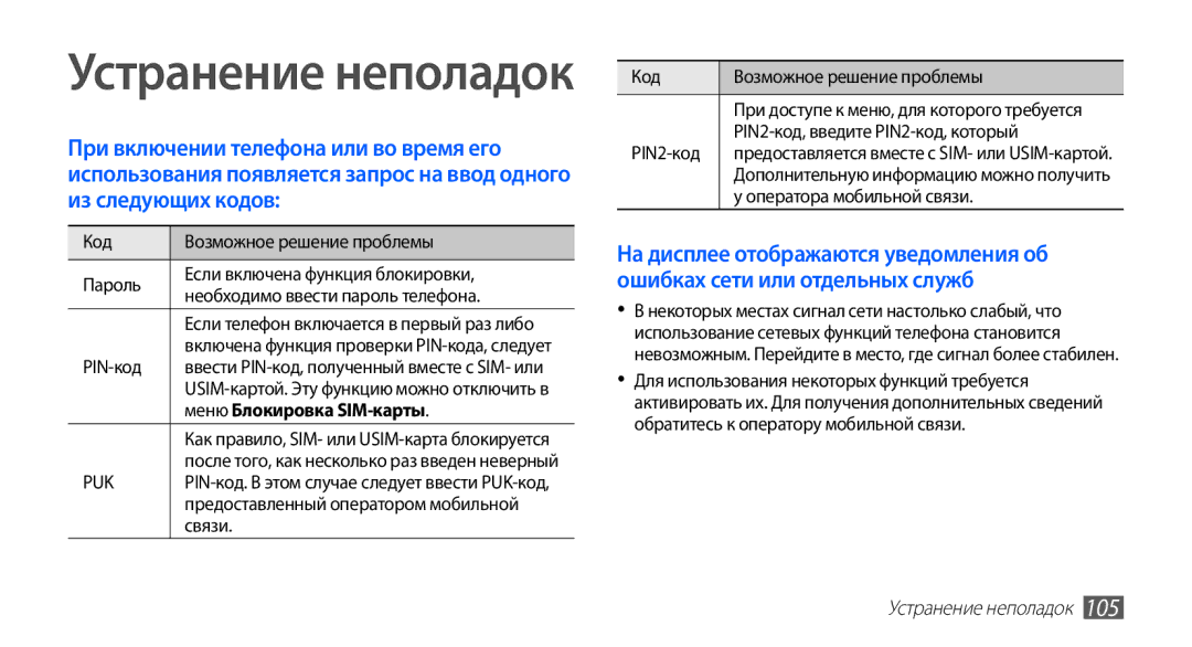 Samsung GT-S5830OKAMTS, GT-S5830RWASEB, GT-S5830OKASEB, GT-S5830OKABAL manual Меню Блокировка SIM-карты, Устранение неполадок 