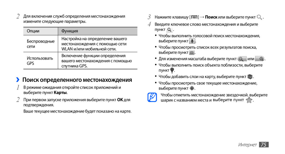 Samsung GT-S5830OKASER, GT-S5830RWASEB, GT-S5830OKASEB manual Опции Функция, Сети, Wlan и/или мобильной сети, Спутника GPS 