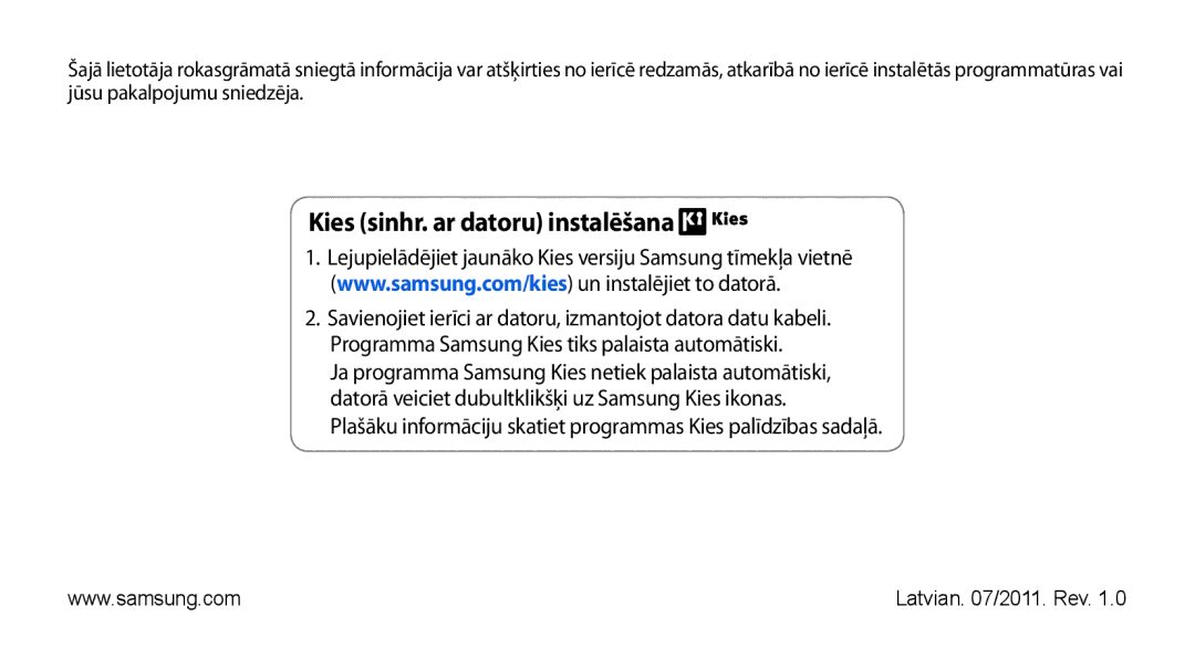 Samsung GT-S5830OKASEB, GT-S5830RWASEB, GT-S5830OKABAL manual Kies sinhr. ar datoru instalēšana 