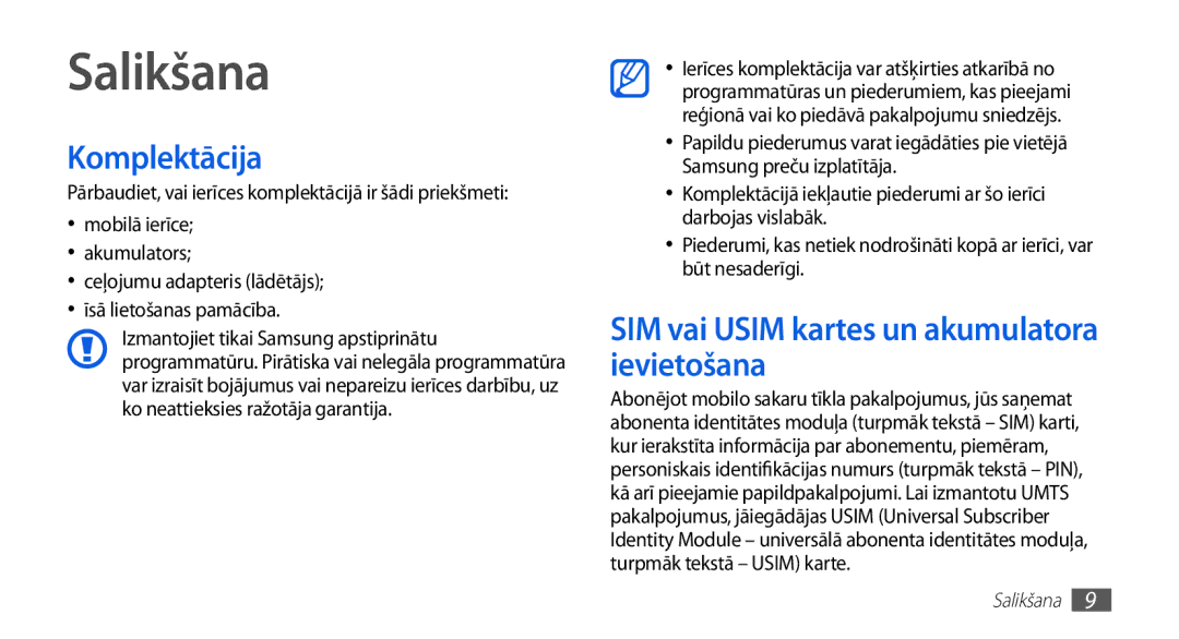 Samsung GT-S5830OKASEB, GT-S5830RWASEB manual Salikšana, Komplektācija, SIM vai Usim kartes un akumulatora ievietošana 