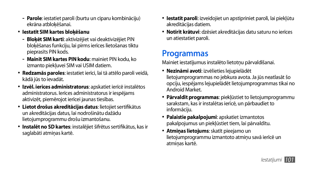 Samsung GT-S5830RWASEB, GT-S5830OKASEB, GT-S5830OKABAL manual Programmas, Iestatīt SIM kartes bloķēšanu 