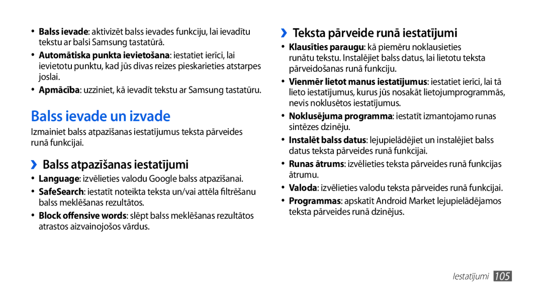 Samsung GT-S5830OKASEB manual Balss ievade un izvade, ››Balss atpazīšanas iestatījumi, ››Teksta pārveide runā iestatījumi 