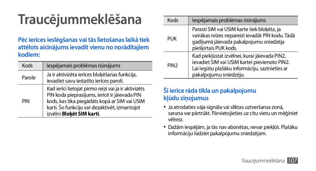 Samsung GT-S5830RWASEB, GT-S5830OKASEB, GT-S5830OKABAL manual Traucējummeklēšana, Izvēlni Bloķēt SIM karti 