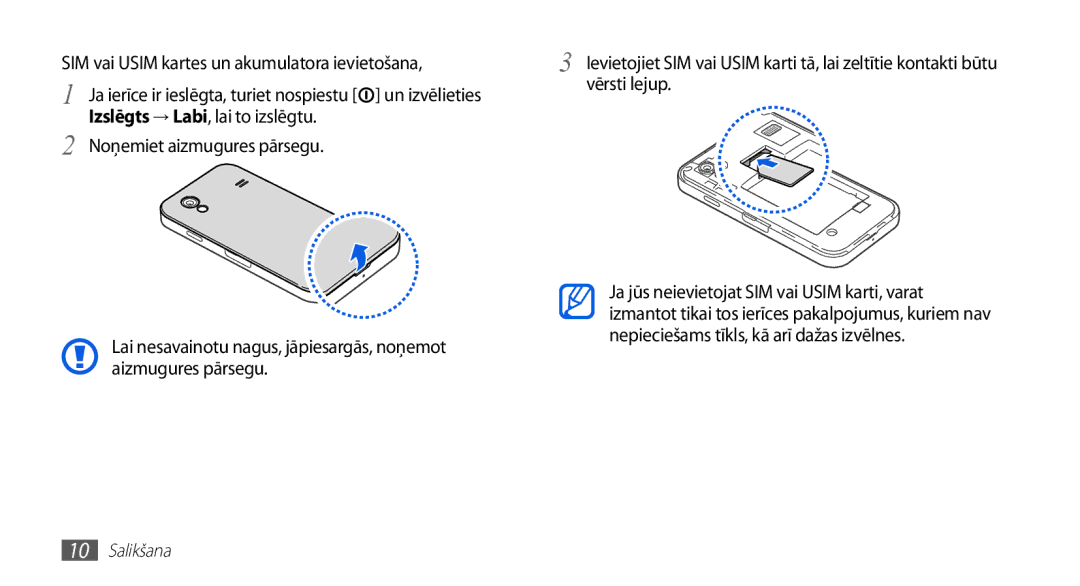 Samsung GT-S5830OKABAL, GT-S5830RWASEB SIM vai Usim kartes un akumulatora ievietošana, Izslēgts → Labi, lai to izslēgtu 