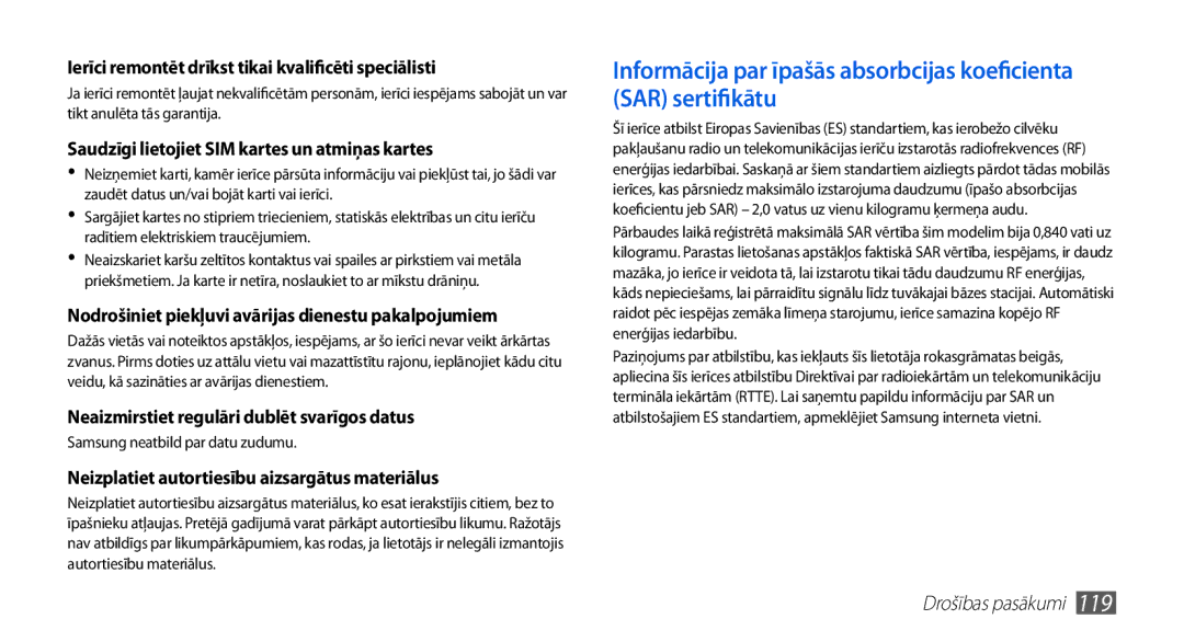 Samsung GT-S5830RWASEB, GT-S5830OKASEB, GT-S5830OKABAL manual Neaizmirstiet regulāri dublēt svarīgos datus 