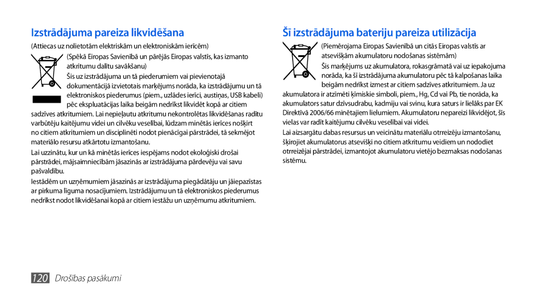 Samsung GT-S5830OKASEB, GT-S5830RWASEB, GT-S5830OKABAL manual Izstrādājuma pareiza likvidēšana 