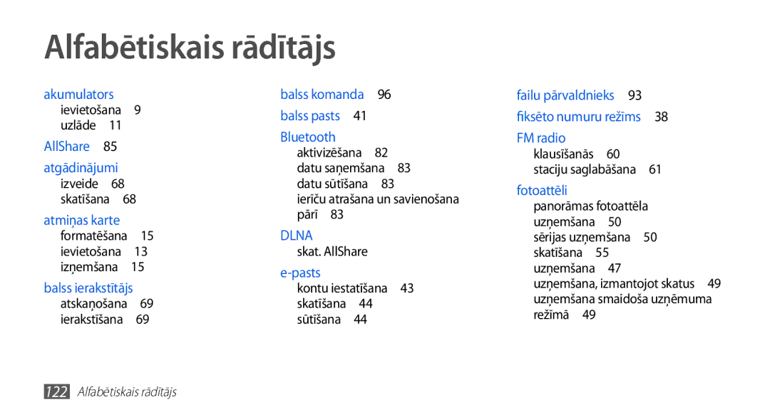 Samsung GT-S5830RWASEB, GT-S5830OKASEB, GT-S5830OKABAL manual Alfabētiskais rādītājs, Ierīču atrašana un savienošana pārī  