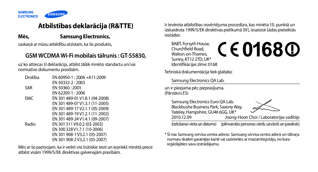 Samsung GT-S5830OKABAL, GT-S5830RWASEB, GT-S5830OKASEB manual Atbilstības deklarācija R&TTE, Mēs 