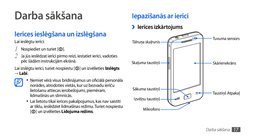 Samsung GT-S5830RWASEB manual Darba sākšana, Iepazīšanās ar ierīci Ierīces ieslēgšana un izslēgšana, ››Ierīces izkārtojums 