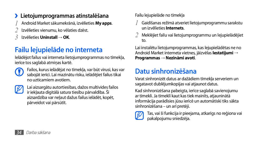 Samsung GT-S5830OKABAL manual Failu lejupielāde no interneta, Datu sinhronizēšana, ››Lietojumprogrammas atinstalēšana 