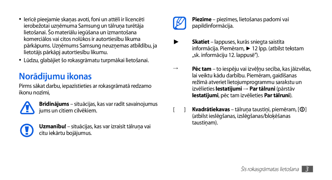 Samsung GT-S5830OKASEB, GT-S5830RWASEB Norādījumu ikonas, Taustiņam, Lūdzu, glabājiet šo rokasgrāmatu turpmākai lietošanai 