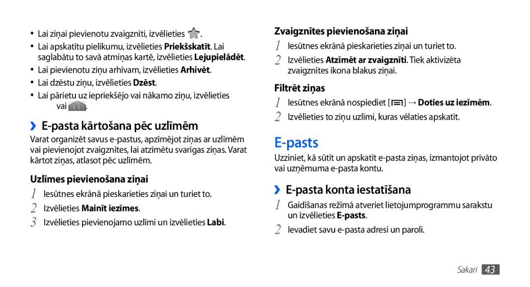 Samsung GT-S5830OKABAL Pasts, ››E-pasta kārtošana pēc uzlīmēm, ››E-pasta konta iestatīšana, Izvēlieties Mainīt iezīmes 