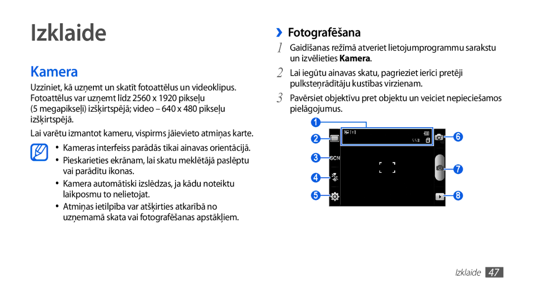 Samsung GT-S5830RWASEB, GT-S5830OKASEB, GT-S5830OKABAL manual Izklaide, Kamera, ››Fotografēšana 