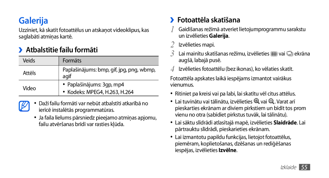 Samsung GT-S5830OKABAL, GT-S5830RWASEB, GT-S5830OKASEB manual Galerija, ››Atbalstītie failu formāti, ››Fotoattēla skatīšana 