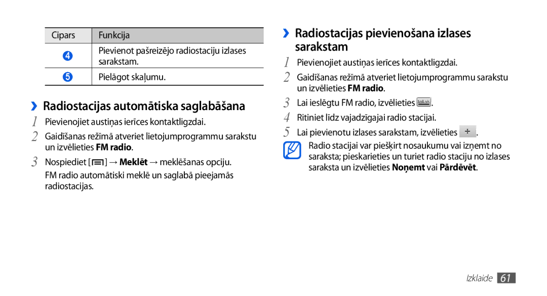 Samsung GT-S5830OKABAL manual ››Radiostacijas pievienošana izlases sarakstam, ››Radiostacijas automātiska saglabāšana 