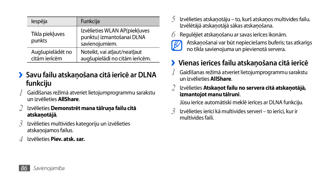 Samsung GT-S5830RWASEB ››Savu failu atskaņošana citā ierīcē ar Dlna funkciju, Atskaņotājā, Izvēlieties Piev. atsk. sar 