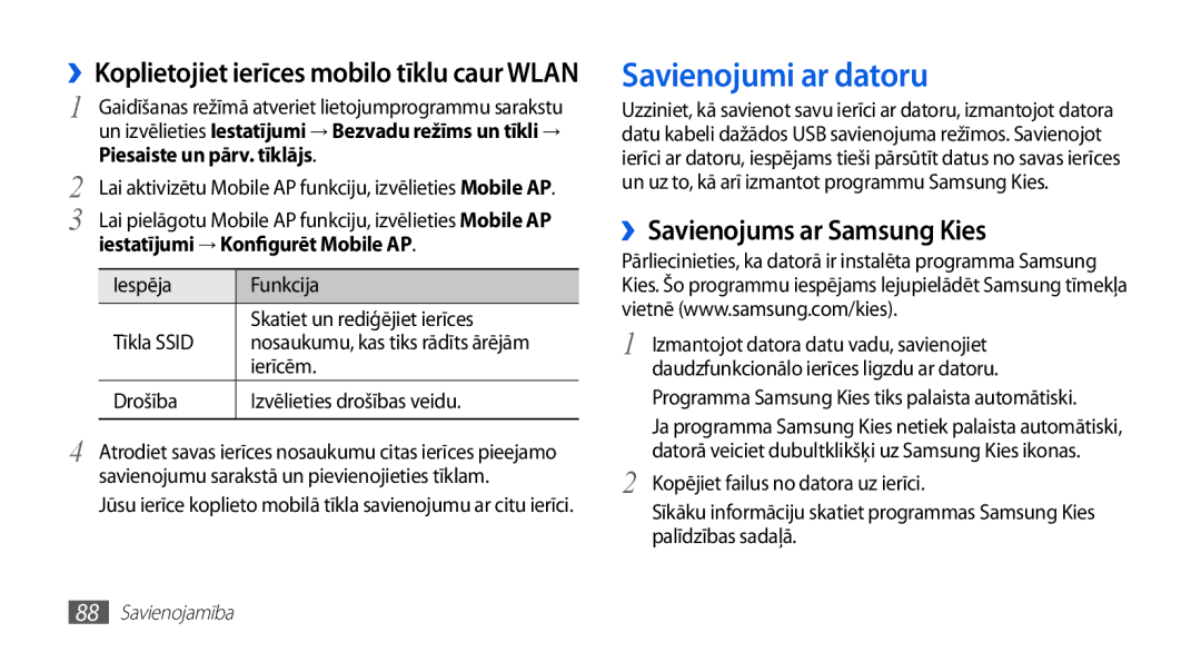 Samsung GT-S5830OKABAL, GT-S5830RWASEB Savienojumi ar datoru, ››Savienojums ar Samsung Kies, Piesaiste un pārv. tīklājs 