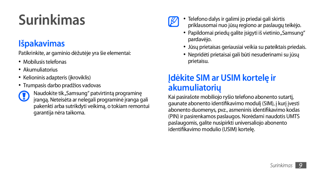 Samsung GT-S5830OKASEB, GT-S5830RWASEB manual Surinkimas, Išpakavimas, Įdėkite SIM ar Usim kortelę ir akumuliatorių 