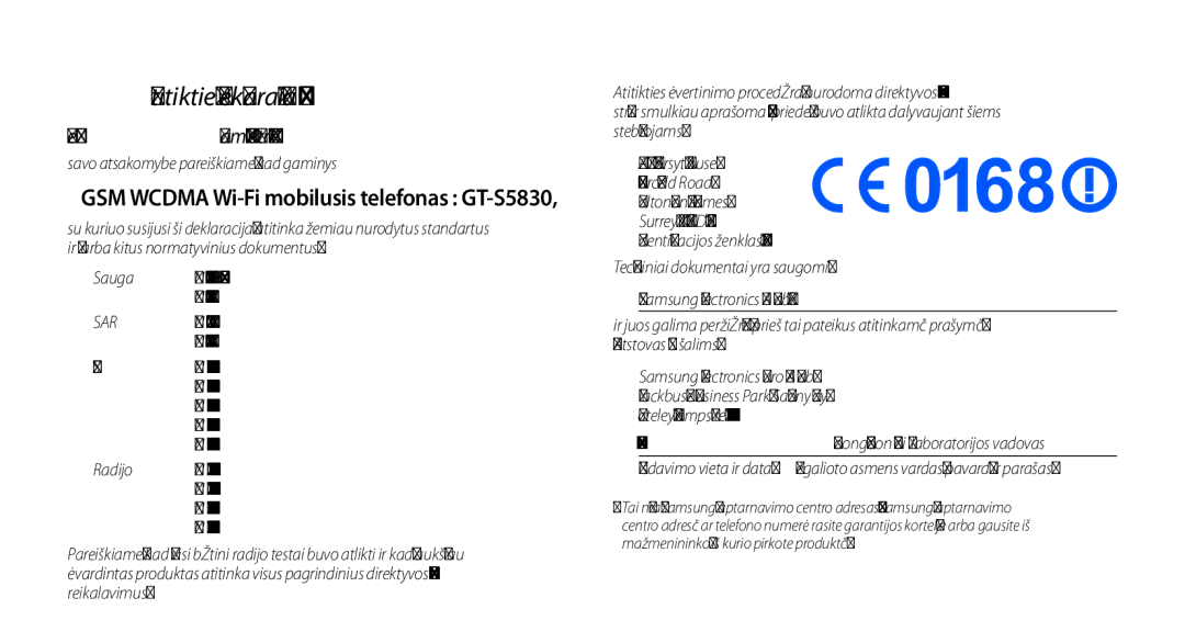 Samsung GT-S5830OKABAL, GT-S5830RWASEB, GT-S5830OKASEB manual Atitikties deklaracija R&TTE, Mes Samsung Electronics 