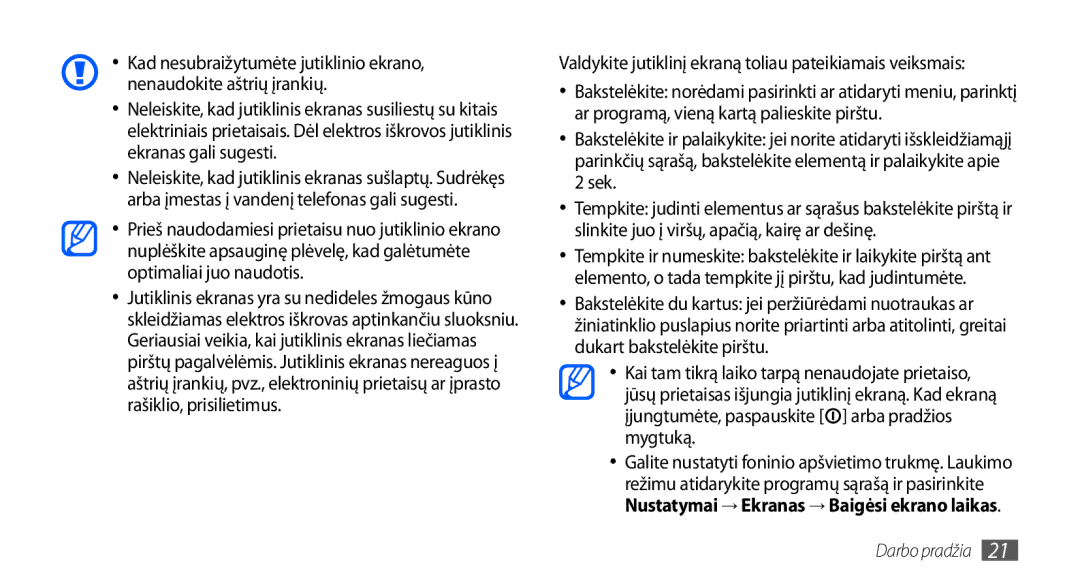 Samsung GT-S5830OKASEB, GT-S5830RWASEB, GT-S5830OKABAL manual Nustatymai → Ekranas → Baigėsi ekrano laikas 