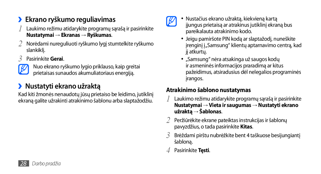 Samsung GT-S5830OKABAL manual ››Ekrano ryškumo reguliavimas, ››Nustatyti ekrano užraktą, Nustatymai → Ekranas → Ryškumas 