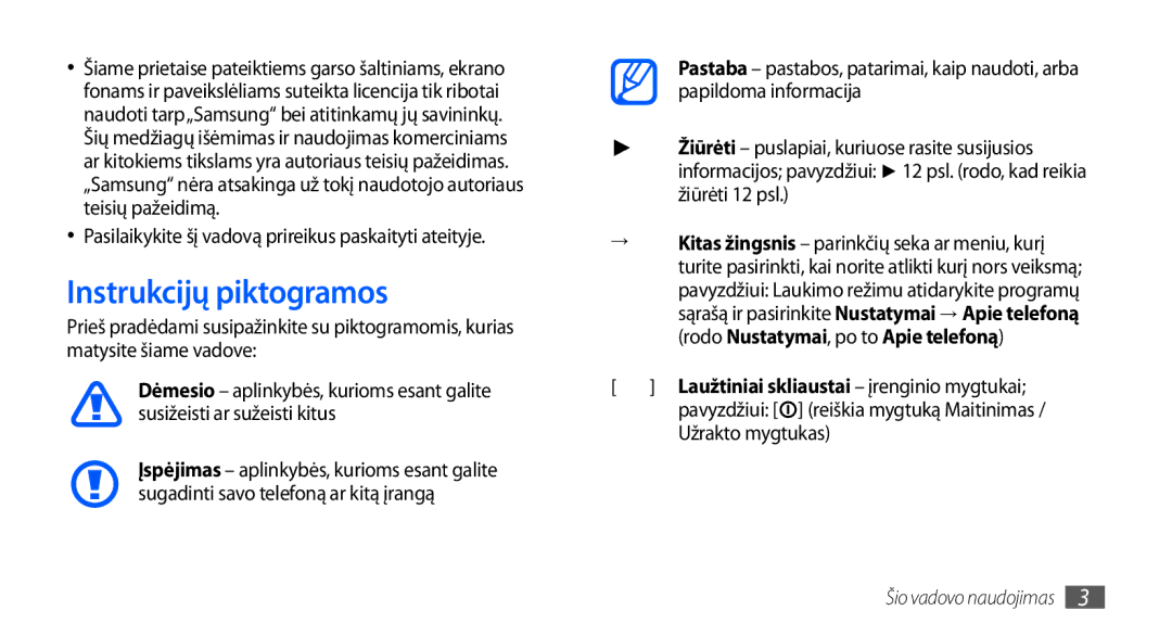 Samsung GT-S5830OKASEB, GT-S5830RWASEB, GT-S5830OKABAL manual Instrukcijų piktogramos, Užrakto mygtukas 