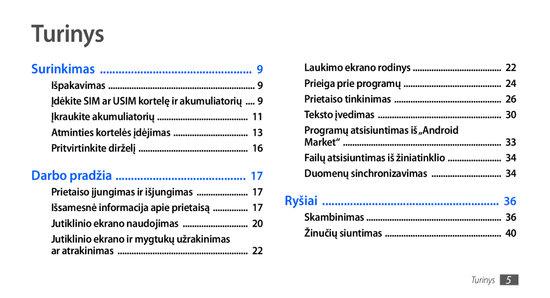 Samsung GT-S5830RWASEB, GT-S5830OKASEB, GT-S5830OKABAL manual Turinys, Programų atsisiuntimas iš„Android 