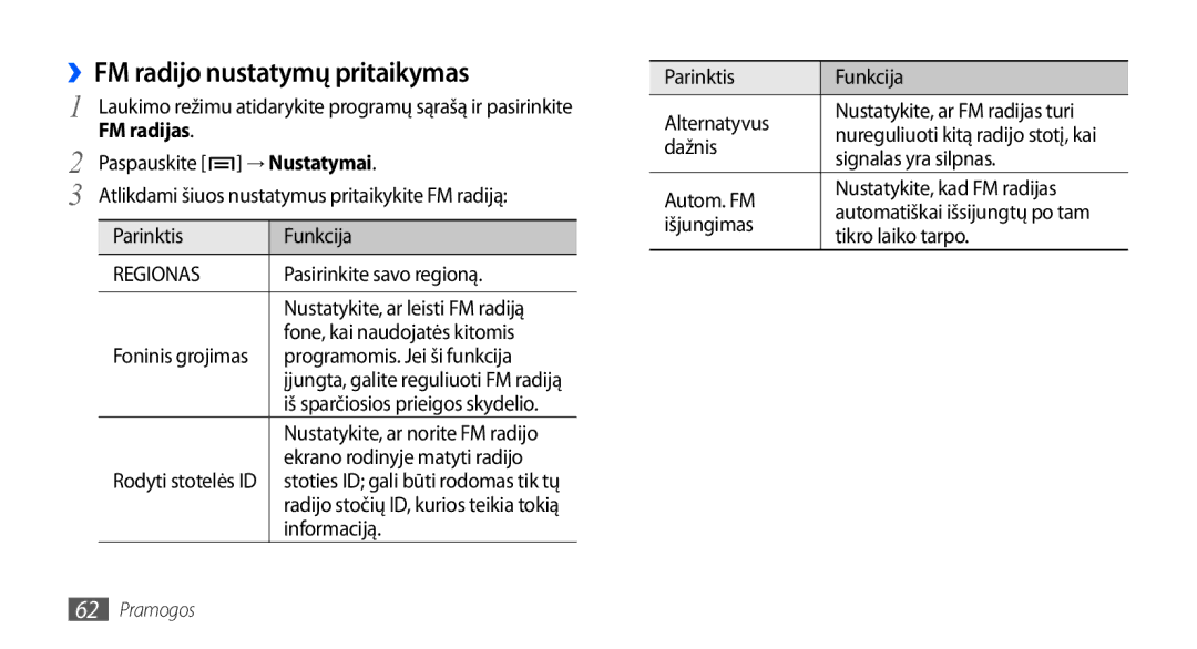 Samsung GT-S5830RWASEB, GT-S5830OKASEB, GT-S5830OKABAL manual ››FM radijo nustatymų pritaikymas 