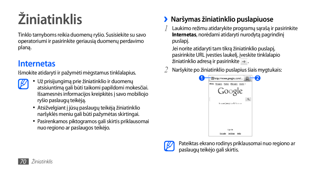 Samsung GT-S5830OKABAL, GT-S5830RWASEB manual Žiniatinklis, Internetas, ››Naršymas žiniatinklio puslapiuose, Puslapį 