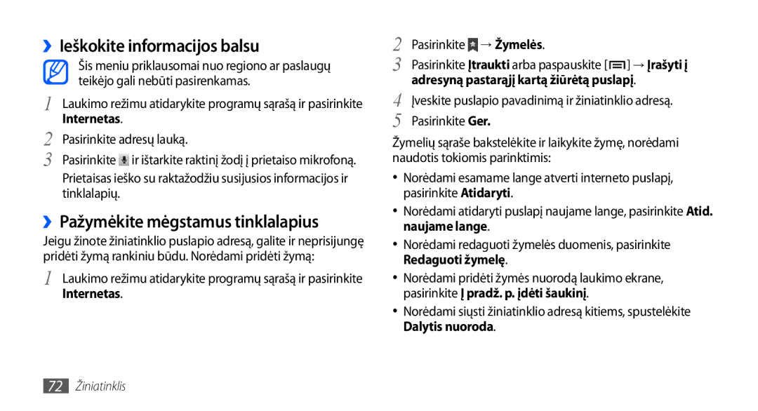 Samsung GT-S5830OKASEB manual ››Ieškokite informacijos balsu, ››Pažymėkite mėgstamus tinklalapius, Dalytis nuoroda 