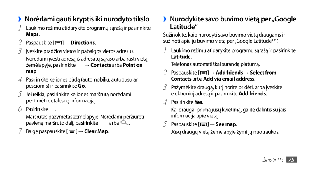 Samsung GT-S5830OKASEB manual Latitude, Map Paspauskite → Add friends → Select from, Contacts arba Add via email address 