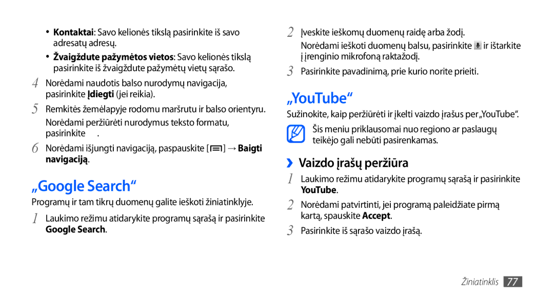 Samsung GT-S5830RWASEB, GT-S5830OKASEB, GT-S5830OKABAL manual „Google Search, „YouTube, ››Vaizdo įrašų peržiūra 