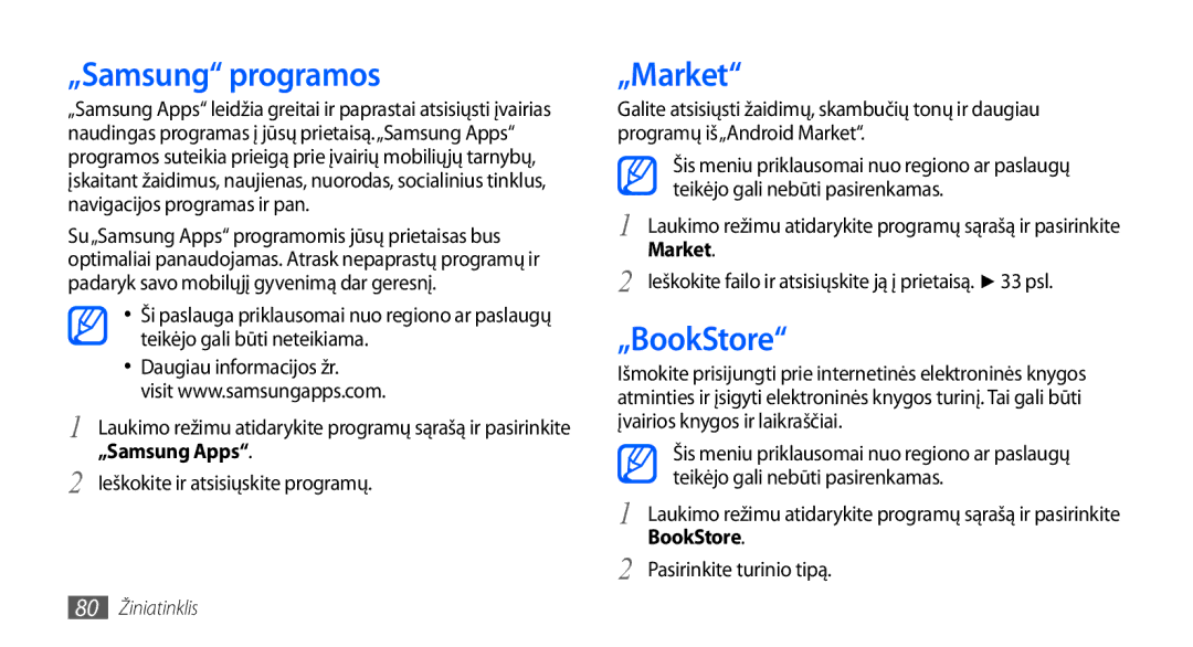 Samsung GT-S5830RWASEB, GT-S5830OKASEB, GT-S5830OKABAL manual „Samsung programos, „Market, „BookStore, „Samsung Apps 