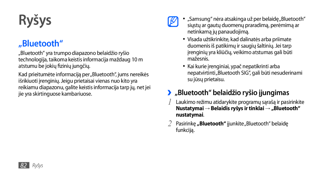 Samsung GT-S5830OKABAL, GT-S5830RWASEB manual Ryšys, ››„Bluetooth belaidžio ryšio įjungimas, Nustatymai, Funkciją 