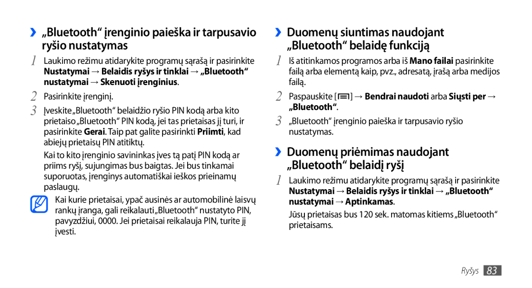 Samsung GT-S5830RWASEB, GT-S5830OKASEB, GT-S5830OKABAL manual ››Duomenų priėmimas naudojant, „Bluetooth belaidį ryšį 