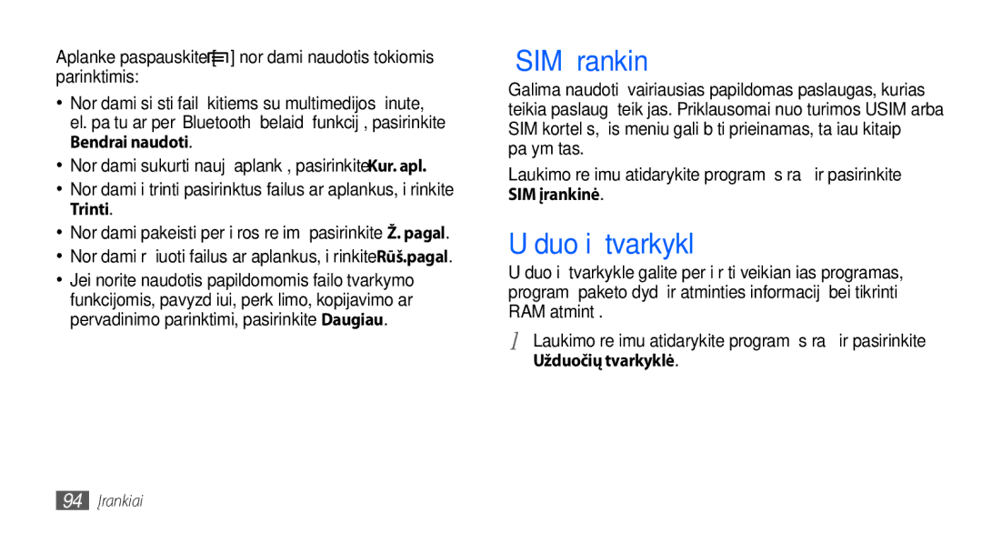 Samsung GT-S5830OKABAL manual „SIM įrankinė, Užduočių tvarkyklė, Aplanke paspauskite norėdami naudotis tokiomis parinktimis 