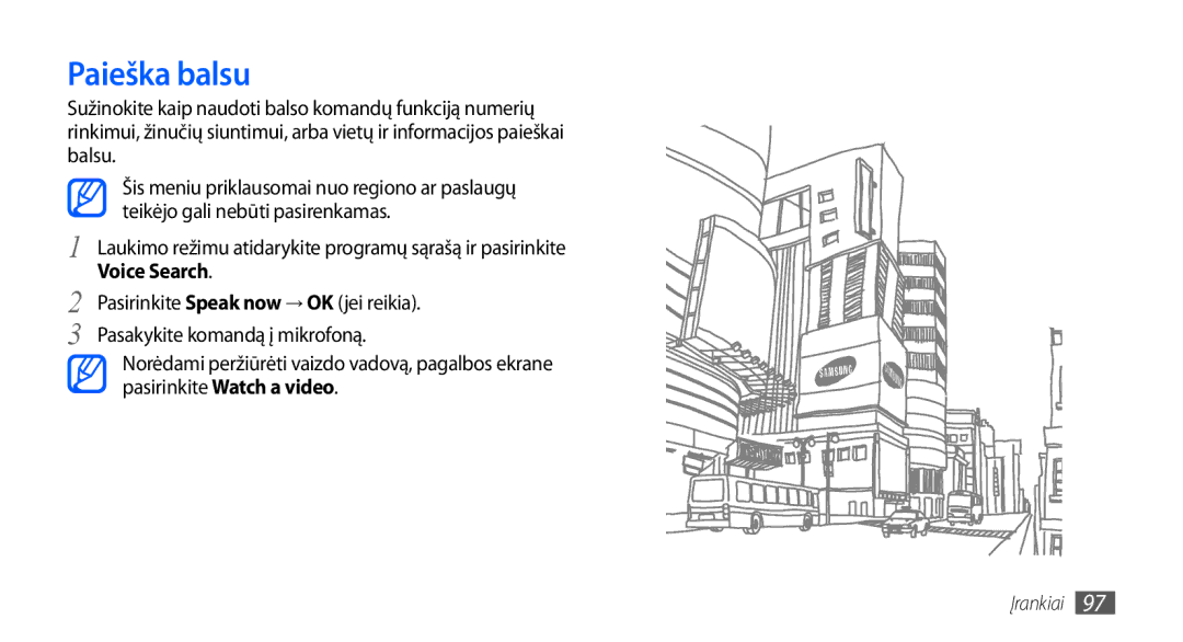 Samsung GT-S5830OKABAL, GT-S5830RWASEB, GT-S5830OKASEB manual Paieška balsu, Voice Search 