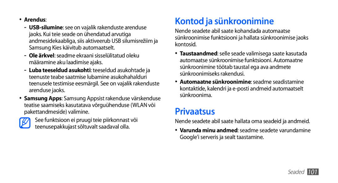 Samsung GT-S5830RWASEB, GT-S5830OKASEB, GT-S5830OKABAL manual Kontod ja sünkroonimine, Privaatsus, Arendus 