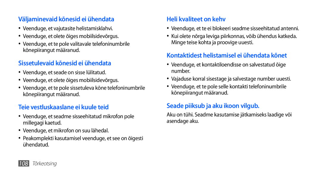 Samsung GT-S5830OKASEB manual Väljaminevaid kõnesid ei ühendata, Veenduge, et kontaktiloendisse on salvestatud õige number 