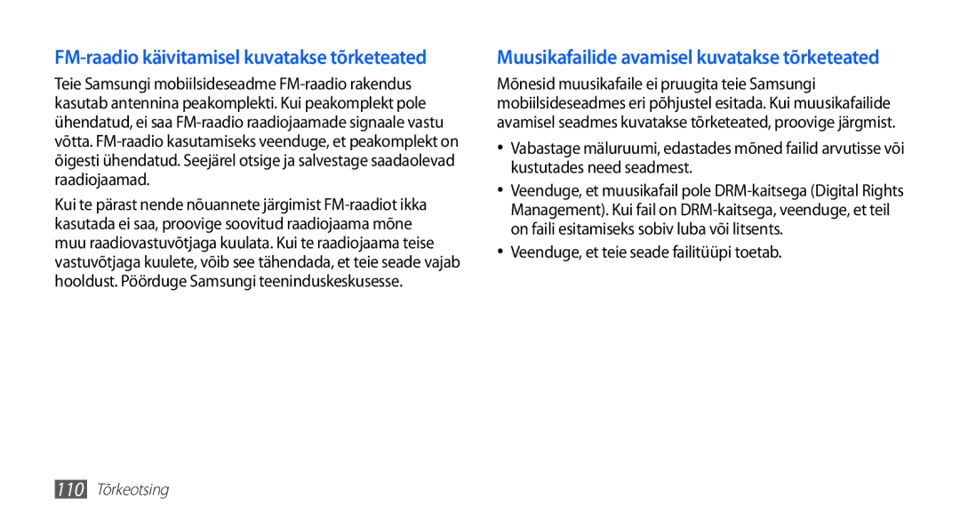 Samsung GT-S5830RWASEB manual FM-raadio käivitamisel kuvatakse tõrketeated, Veenduge, et teie seade failitüüpi toetab 