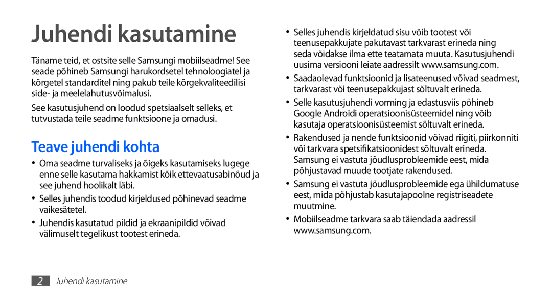 Samsung GT-S5830RWASEB, GT-S5830OKASEB, GT-S5830OKABAL manual Juhendi kasutamine, Teave juhendi kohta 