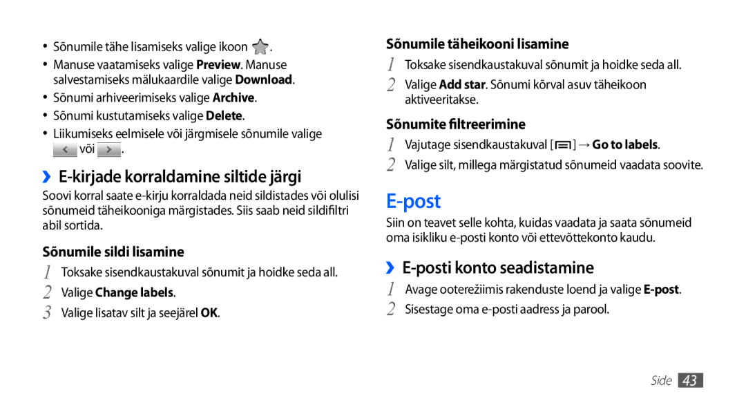 Samsung GT-S5830OKABAL Post, ››E-kirjade korraldamine siltide järgi, ››E-posti konto seadistamine, Valige Change labels 