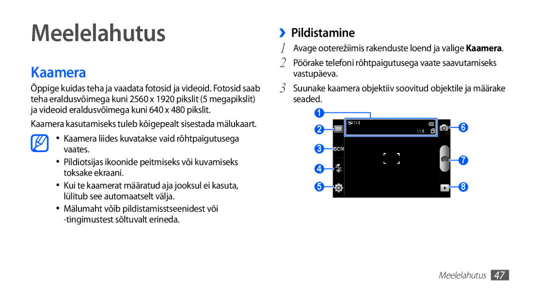 Samsung GT-S5830RWASEB, GT-S5830OKASEB, GT-S5830OKABAL manual Meelelahutus, Kaamera, ››Pildistamine 