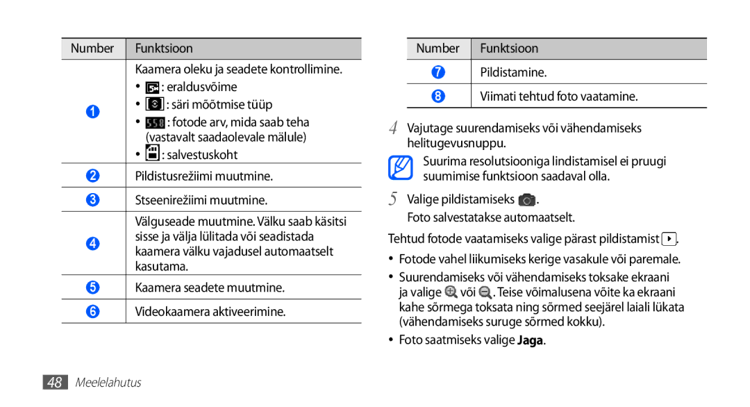 Samsung GT-S5830OKASEB manual Eraldusvõime Säri mõõtmise tüüp, Foto salvestatakse automaatselt, Foto saatmiseks valige Jaga 