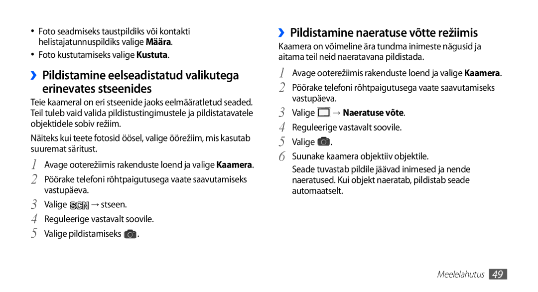 Samsung GT-S5830OKABAL, GT-S5830RWASEB manual ››Pildistamine naeratuse võtte režiimis, Foto kustutamiseks valige Kustuta 