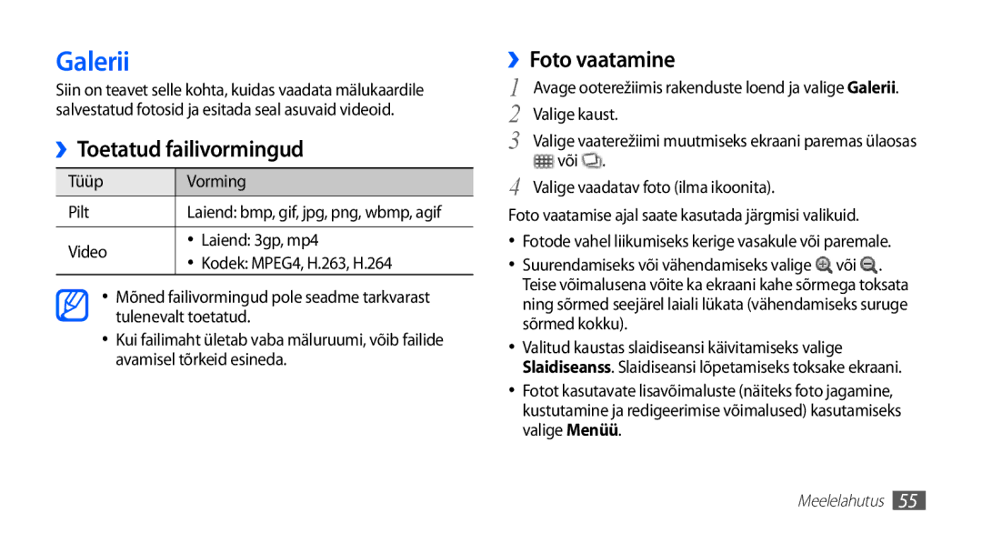 Samsung GT-S5830OKABAL, GT-S5830RWASEB manual Galerii, ››Toetatud failivormingud, ››Foto vaatamine, Tüüp Vorming Pilt 