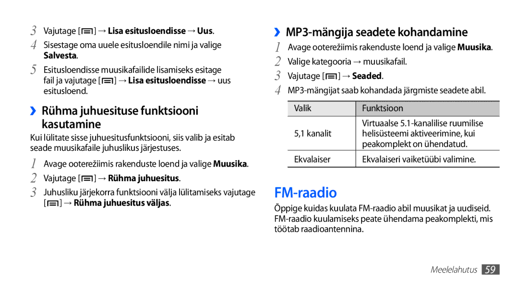 Samsung GT-S5830RWASEB manual FM-raadio, ››Rühma juhuesituse funktsiooni kasutamine, ››MP3-mängija seadete kohandamine 