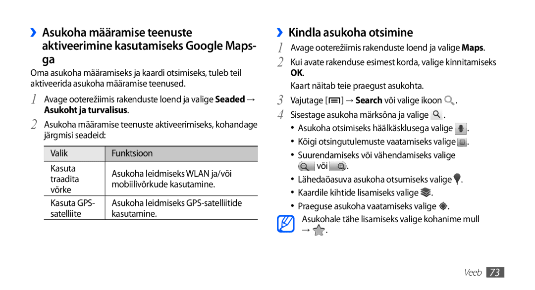 Samsung GT-S5830OKABAL, GT-S5830RWASEB, GT-S5830OKASEB manual ››Kindla asukoha otsimine, Asukoht ja turvalisus 