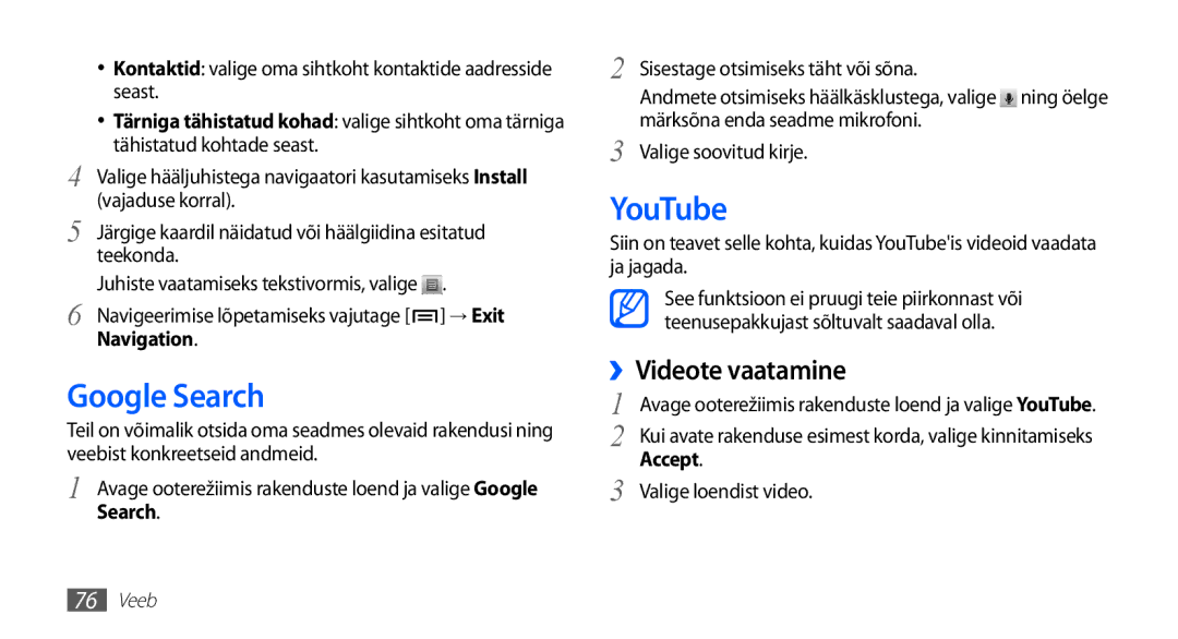 Samsung GT-S5830OKABAL, GT-S5830RWASEB, GT-S5830OKASEB manual Google Search, YouTube, ››Videote vaatamine 
