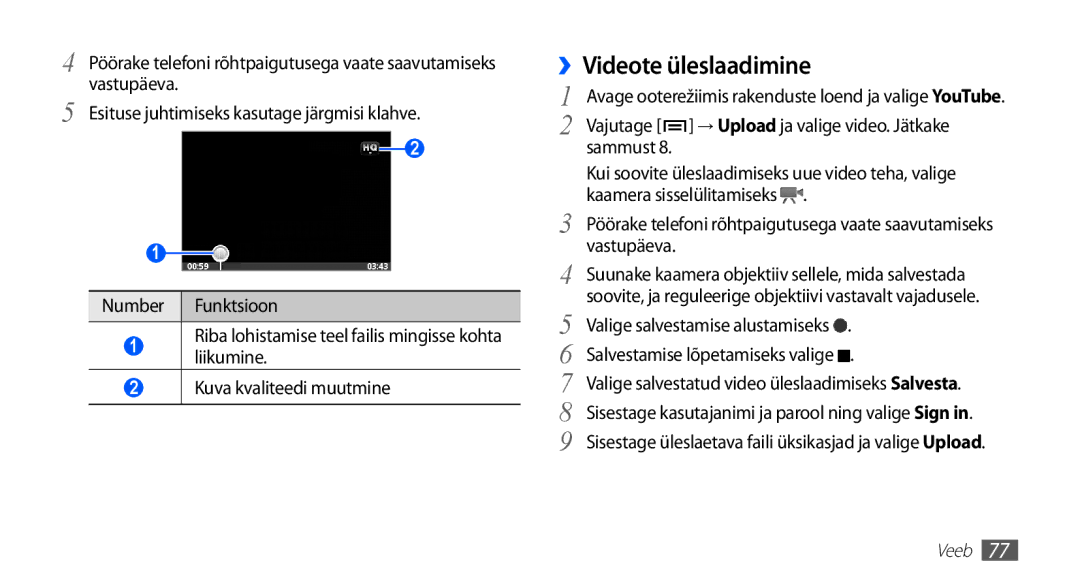 Samsung GT-S5830RWASEB, GT-S5830OKASEB, GT-S5830OKABAL manual ››Videote üleslaadimine, Sammust, Kaamera sisselülitamiseks 